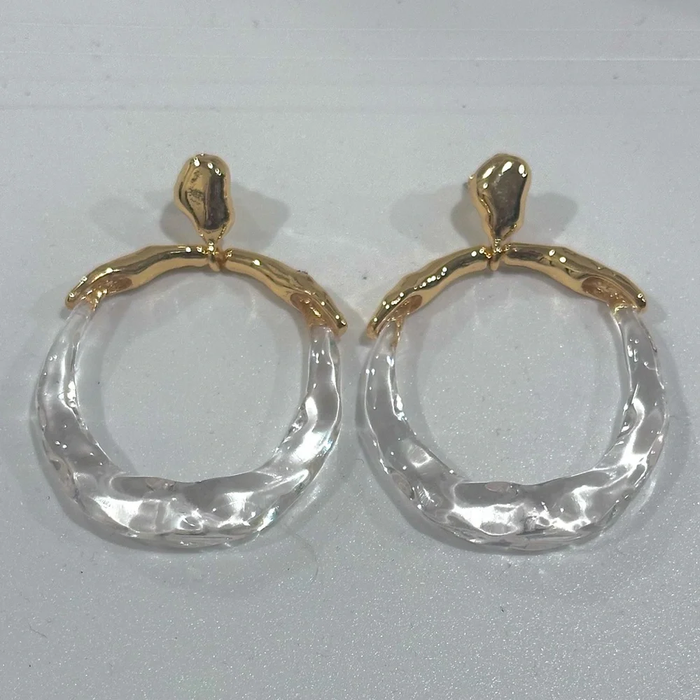 Alexis Bittar Molten Gold Metal and Clear Lucite Hoop Drop Earrings - Picture 3 of 8
